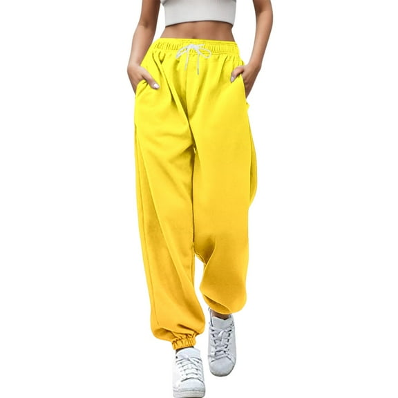 Fiaer Baggy Sweatpants Women Plus Size Trendy Sport Pants Gradient Elastic Waisted Drawstring Pocket Casual Trousers Yellow XL