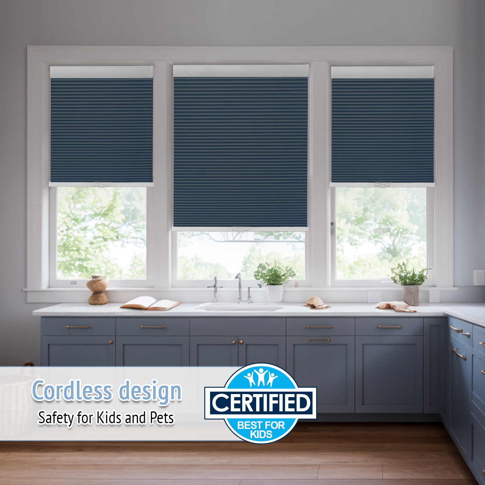Keego New Upgraded No Drill Cordless Cellular Shades Blackout Honeycomb Blinds Easy Installation Heat Insulating Noise Reducing Window Shades, Blackout - SteelBlue, 35"W x 48"H