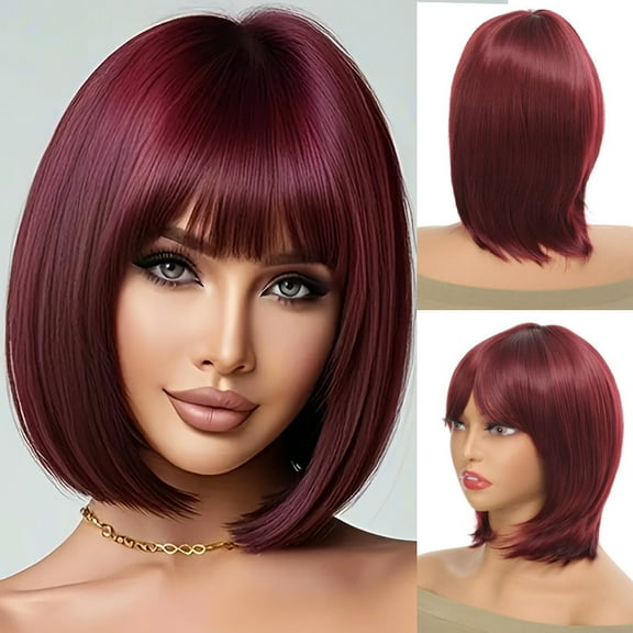 MIAZON Wine red women's Bob wig, short straight hair wig, synthetic Bob wig, daily use