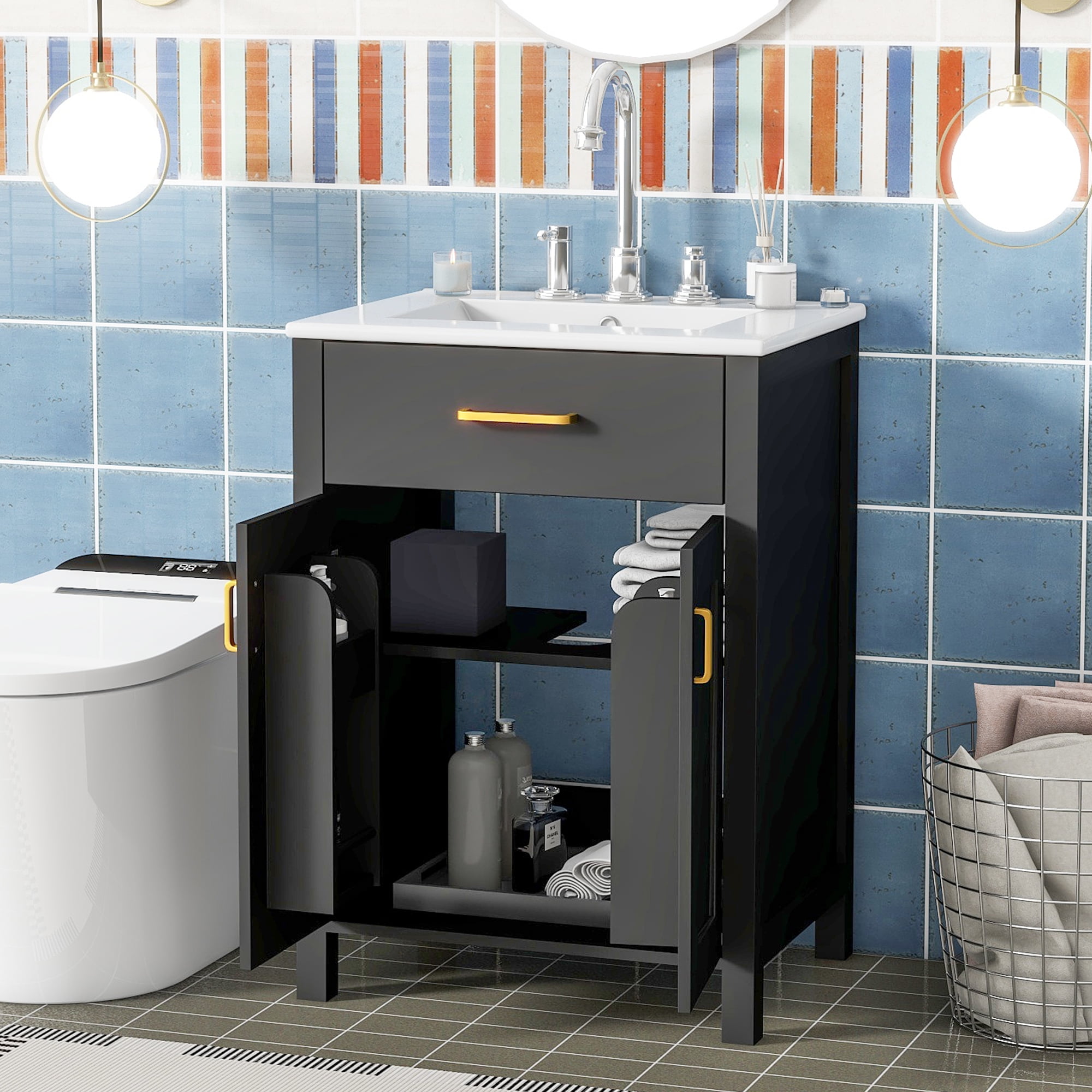 Harper & Bright Designs 24" Bathroom Vanity Combo with Ceramic sink, Small Bathroom Vanity Cabinet with 2 Storage Soft Close Doors, Black