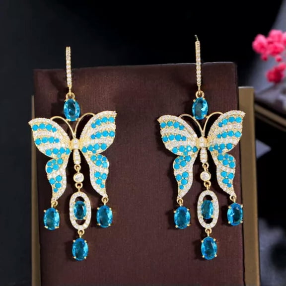 HOOUN Yellow Gold Plated Light Blue Turkish Cz Long Dangling Drop Butterfly Earrings