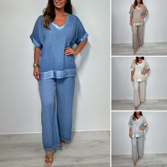 tasrioml Women's Casual Two Piece Outfit Plus Size V Neck Short Sleeve Top Wide Leg Pants Summer Loose Lounge Set