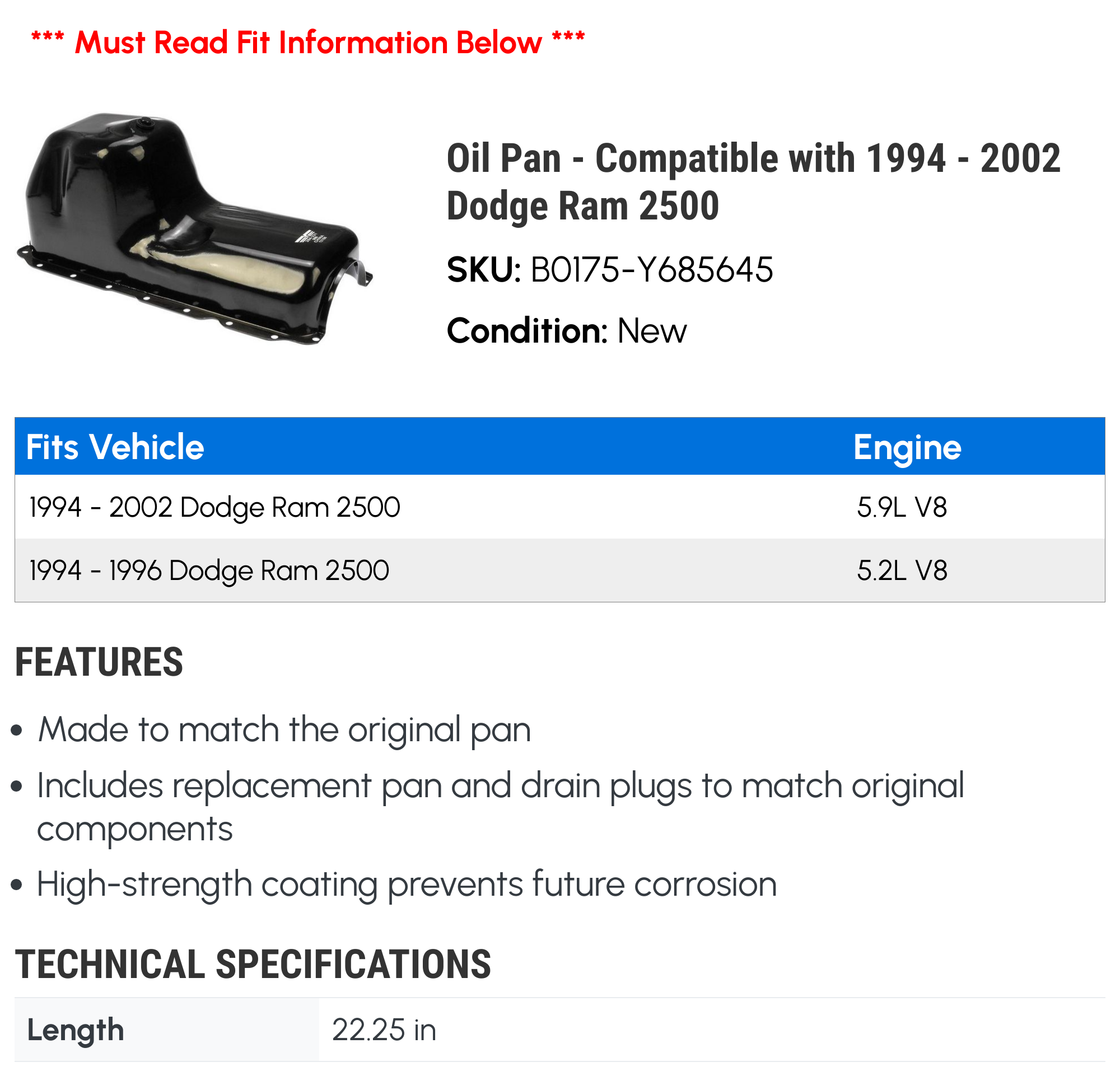 Oil Pan - Compatible with 1994 - 2002 Dodge Ram 2500 - Dorman