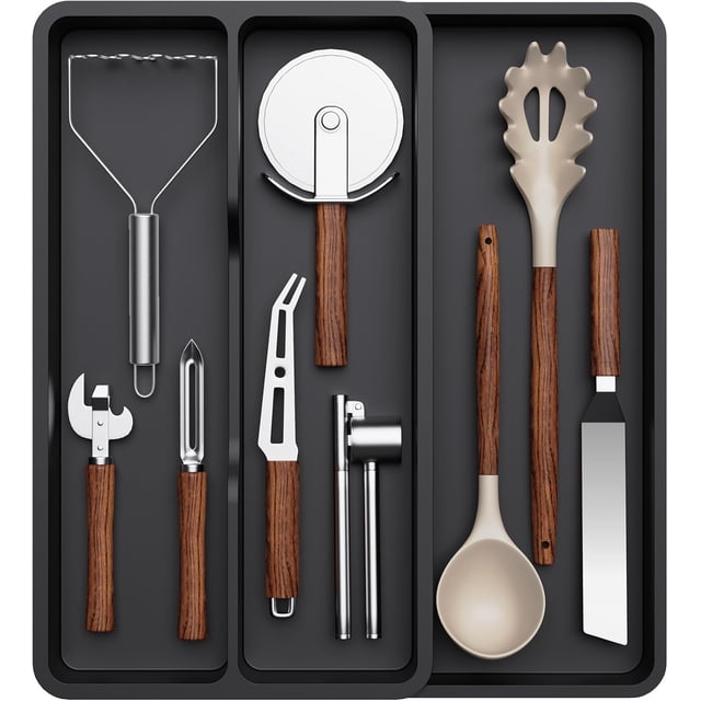 shiyou-Utensil Drawer Organizer, Expandable Cooking Silverware Tray for Kitchen Drawer, Adjustable Cutlery Flatware Holder, Plastic Spatula Tools and Gadgets Storage Divider, 3 Compartments, Black