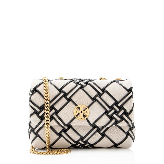 Pre-Owned Tory Burch Woven Canvas Leather Kira Small Shoulder Bag