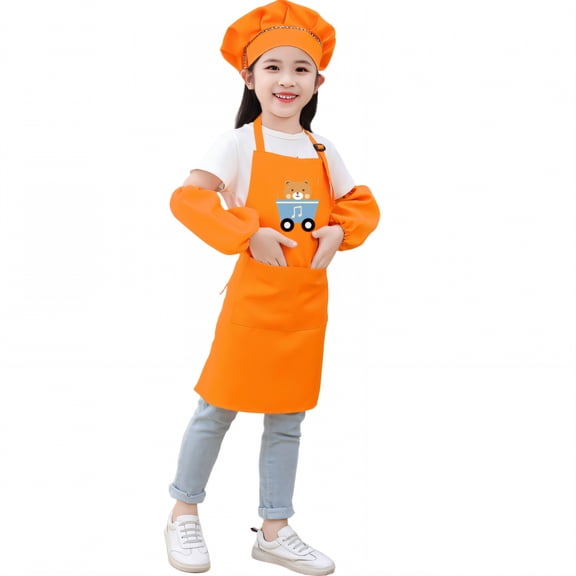 AUQ Kids Apron,Shiftable Shoulder Strap Kids Aprons for Cooking,Polyester Blend Waterproof Apron,Orange2