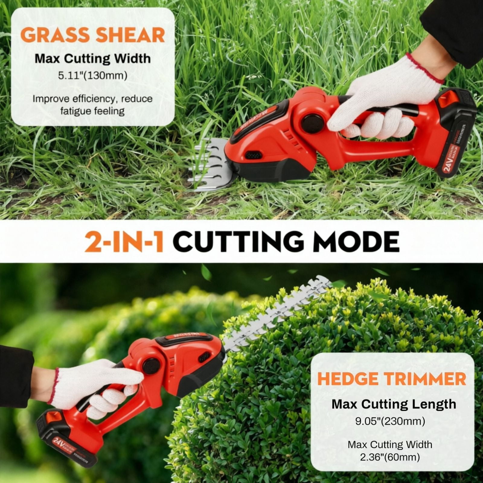 SUSUZI Cordless 2-in-1 Hedge Trimmer & Grass Shears – 24V 1500mAh Dual Batteries, SK5 Alloy Steel Blades, 3-Angle Adjustable Head for Garden Lawn Shrub Maintenance