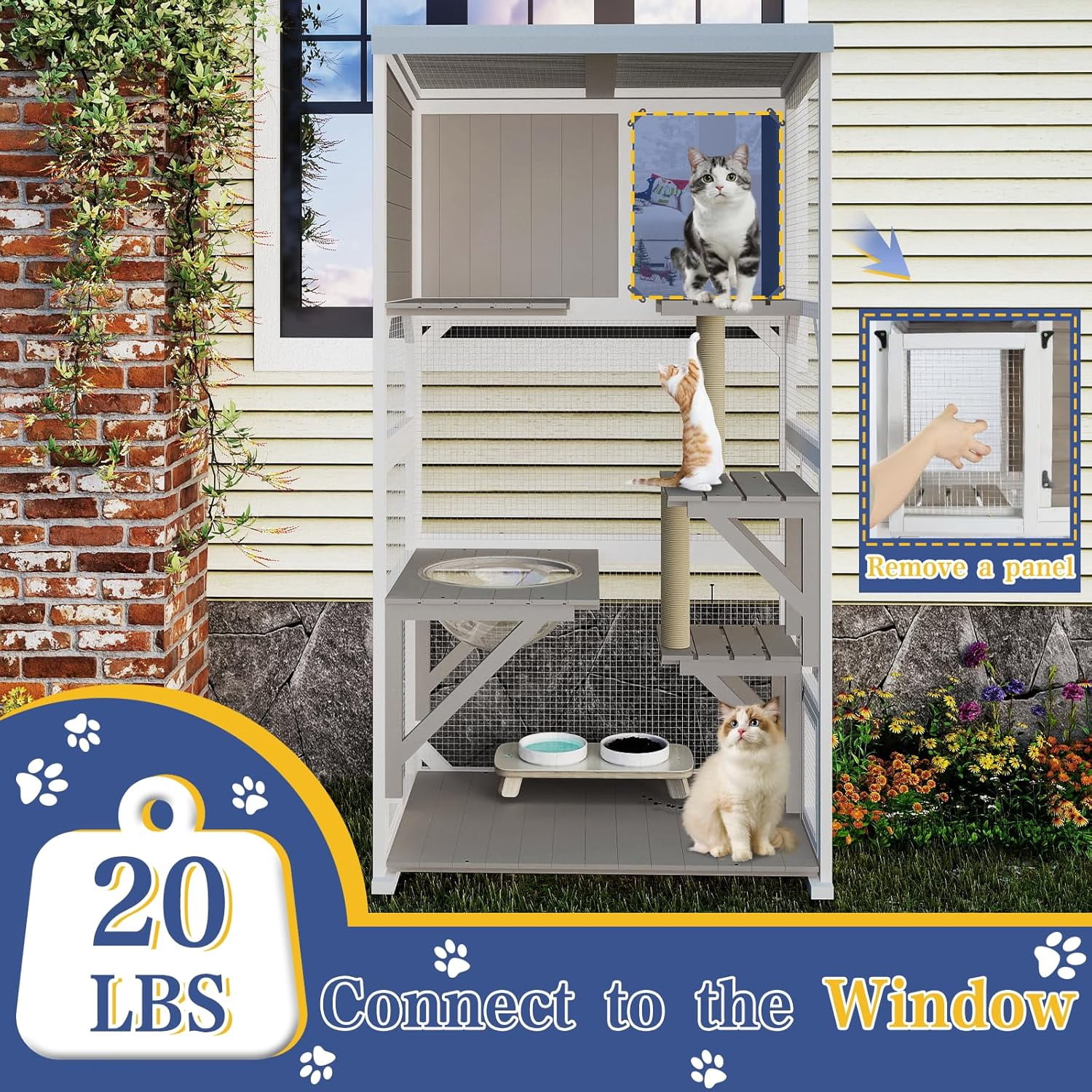 64" Large Wooden Catio Outdoor Cat Enclosure, Window Cat House with Wheels & 3 Platforms, Kitty Cage with Weatherproof Roof for Multiple Cats (Gray)