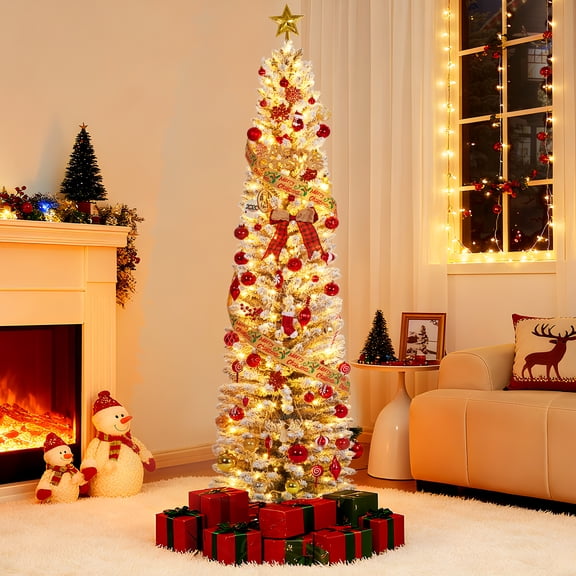 7.5 Ft Pre-Lit Pencil Christmas Tree, Snow-Flocked Artificial Tree with 200 Warm White LED Lights, Slim Design
