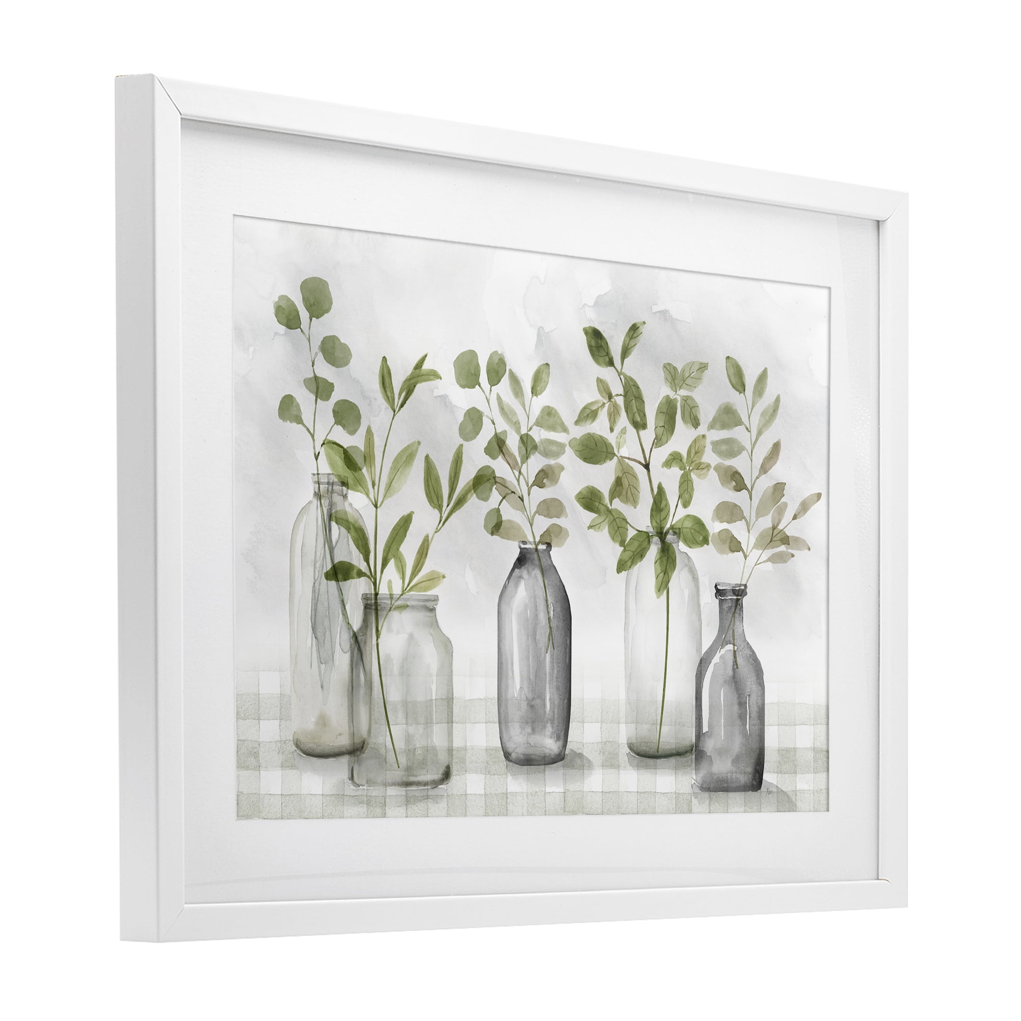 Stupell Industries Greenery Leaves in Vases White Framed Print Under Glass, design by Nan