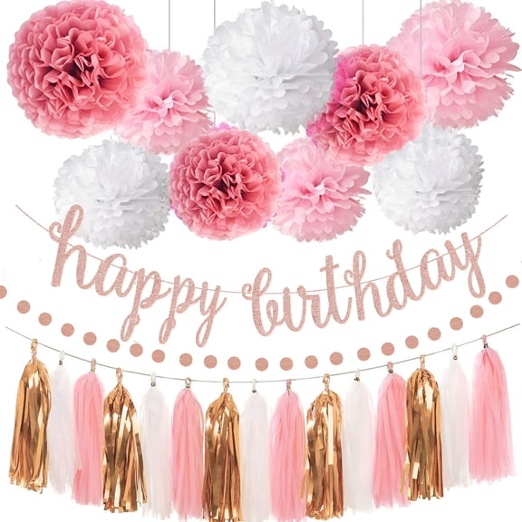 LAMIRO Birthday Decorations,Rose and Gold Happy Birthday Decorations for Women,Happy Birthday Banner,Hanging Swirls,Paper Garlands for Birthday Decorations,Birthday Party,Girls Birthday