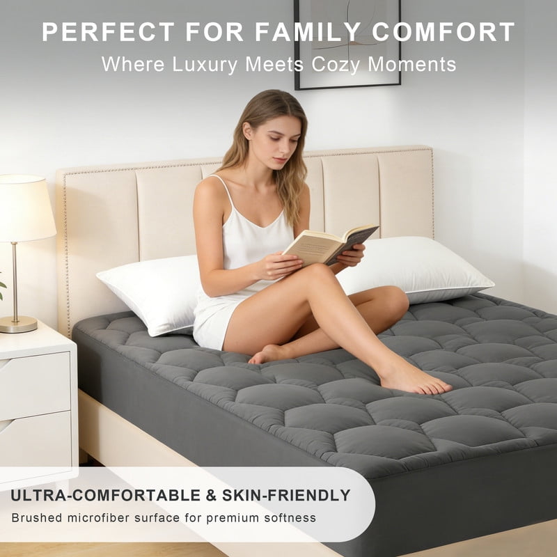 Grey Extra Thick King Size Mattress Topper, Cooling King Mattress Pad and Mattress Protector King for Back Pain, Breathable and Moisture-wicking Mattress Topper King with Deep Pocket Mattress Cover