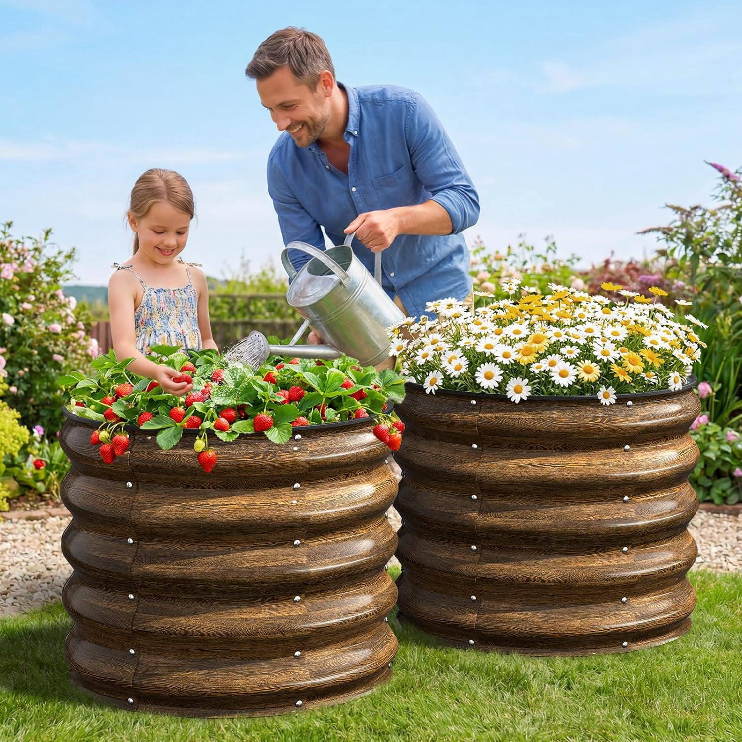 Round Metal Raised Garden Bed, 2x2x1.5 FT, 18-Inch Deep Galvanized Steel Garden Bed with Open Bottom for Outdoor Vegetables & Herbs, Walnut Finish, 2 Pack