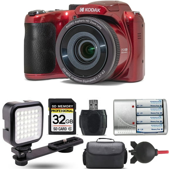 Kodak PIXPRO AZ255 Digital Camera (Red)  Extra Battery   LED - 32GB Kit (International Version)