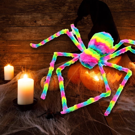 2pcs Giant Spider Web Halloween Set, Fluffy Stretchy Cotton Cobweb with Big Spider, Spooky Halloween Decoration Prop for House Yard Patio Wall Indoor Outdoor Party, Colorful