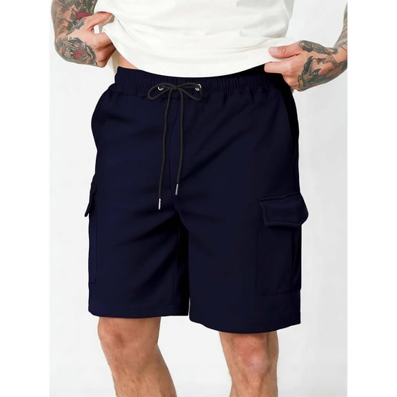 Mceream Cargo Shorts for Men Casual Summer Hiking Pants Elastic Waist Stretch Knee Length Multi-Pockets Bermuda Work Shorts Navy XL