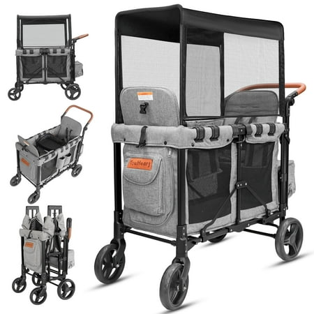 TouHeart Wagon Stroller for 2 Kids with Canopy, Removable Seats, 5-Point Harness, Gray,Set of 2