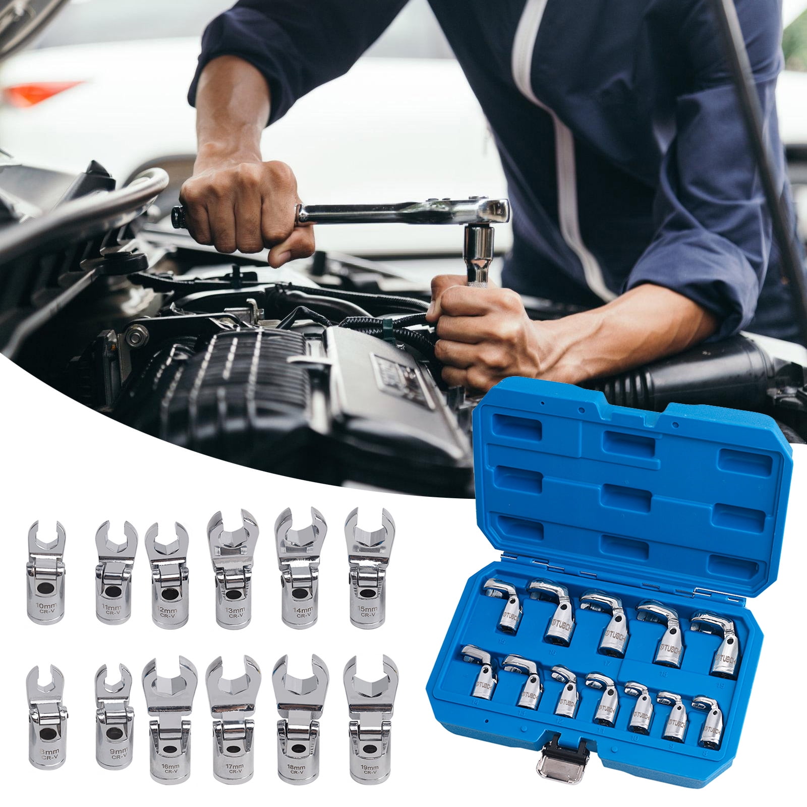 BIBABLYKE Flare Nut Wrench Spanner Car Service Set Rotation Jaw Secure Grip for Brake Line, Mechanic Workshop Automotive Hand Tool