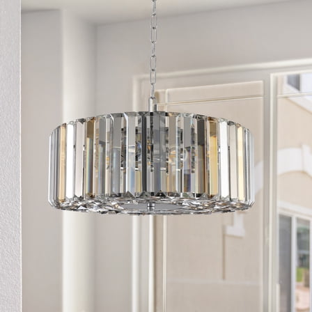 Jopath 17" Modern Crystal Drum Pendant Chandelier with Chrome Finish – Hanging Pendant Light Fixture for Living Room, Bedroom, or Dining Area (Bulb Not Included)