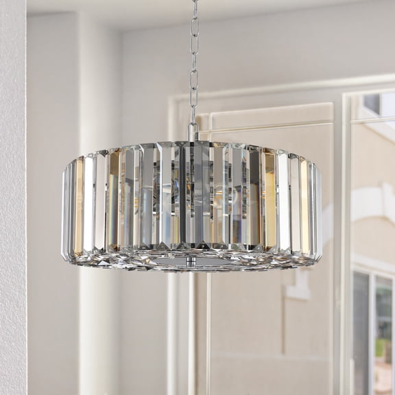 Jopath 17" Modern Crystal Drum Pendant Chandelier with Chrome Finish – Hanging Pendant Light Fixture for Living Room, Bedroom, or Dining Area (Bulb Not Included)