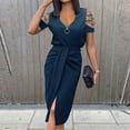 thumbnail image 2 of Ichuanyi Woman Dress, Clearance Summer Women's Solid Color V Neck Off The Shoulder Short Sleeve Slit Dress, 2 of 5