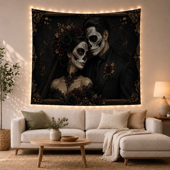 Gothic Sugar Skull Couple Portrait with Black Lace and Burgundy Roses, Romantic Gothic for Dark Academia Lovers, Wall Art Decor Halloween Gift Tapestry Wall Hanging for Living Room and Bedroom