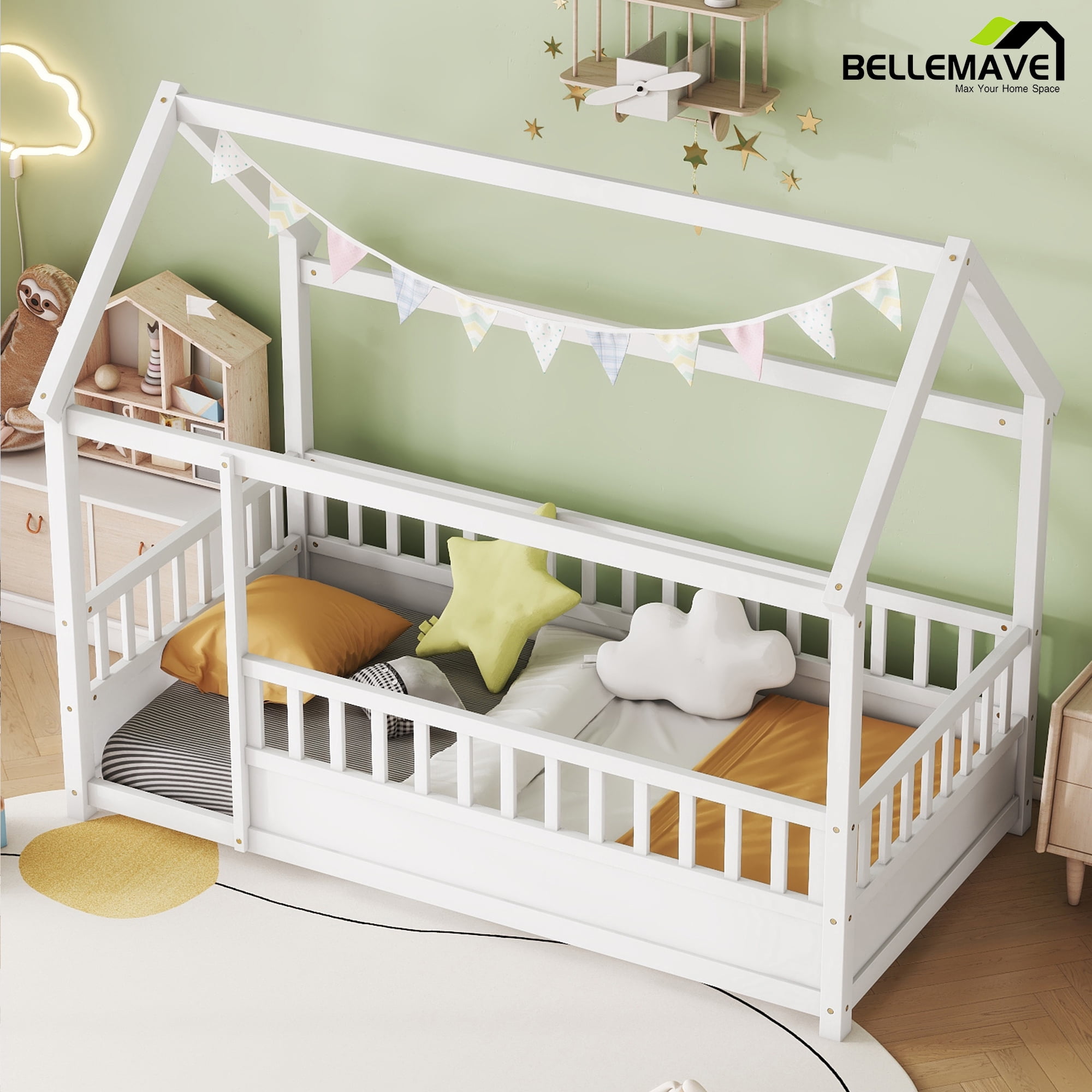 Bellemave Twin Size House Floor Bed with High Fence Guardrails Wooden Playhouse Bed Frame Twin Floor Bed with Roof Montessori House Bed Frame (Twin, White)