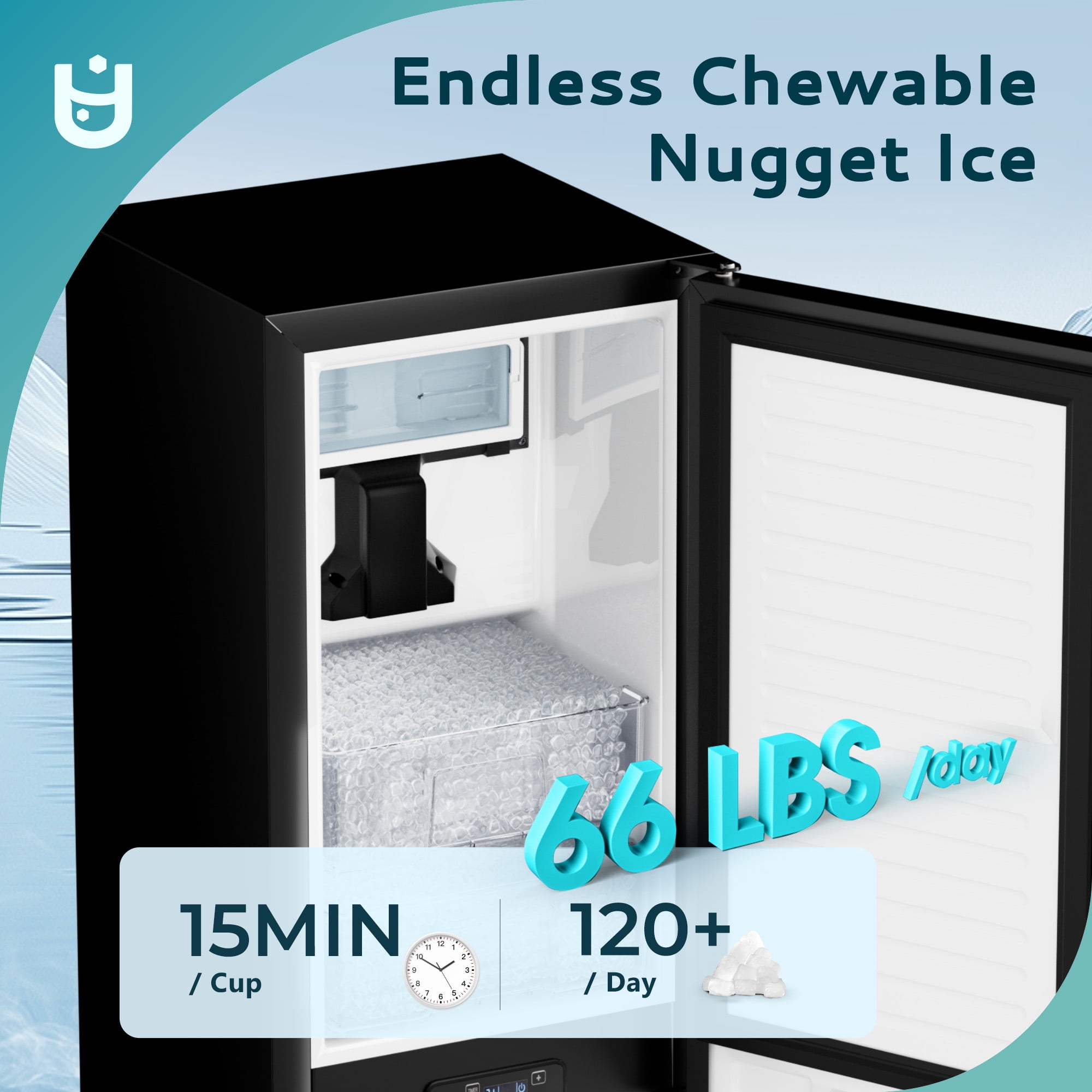 EUHOMY 66lbs Nugget Ice Maker, Under Counter Ice Machine with Auto Clean, Timer, Drainage, Black