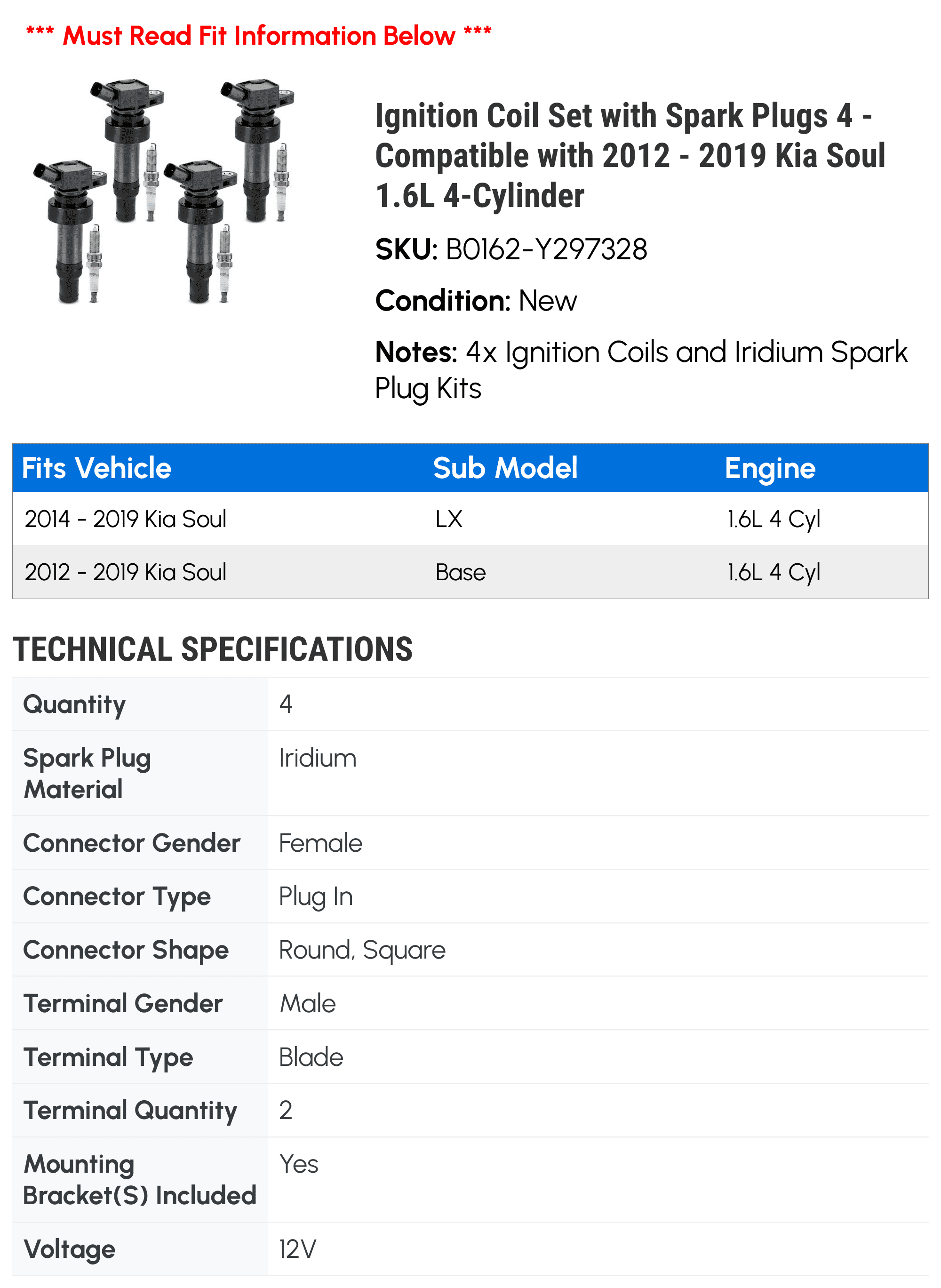 Ignition Coil Set with Spark Plugs 4 - Compatible with 2012 - 2019 Kia Soul 1.6L 4-Cylinder - Autopart Premium
