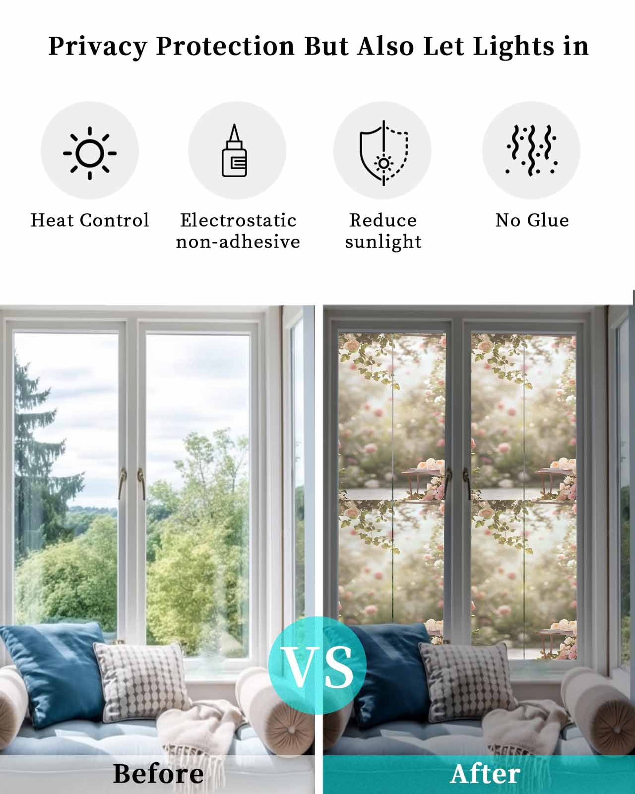 Window Privacy Film Pink Rose Spring Floral Stained Glass Window Film Decorative Sun Block Window Cover Summer Roses Flowers Farmhouse Window Clings Static Adhesive Sticker for Bathroom 23.6"x78.7"