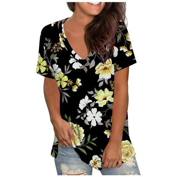 gakvbuo Summer Plus Size Summer Tops for Women Tops Dressy Casual Trendy V Neck T Shirts Rolled Short Sleeve Tie Dye Gradient Printed Side Split Blouse Tee