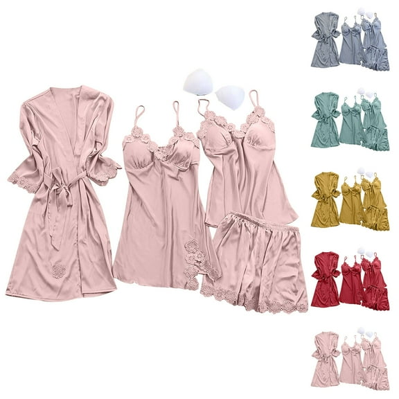 Wlynlyn Satin Pajamas Sets for Women 4 Piece Outfits Long Sleeve Bathrobe Sleeveless Nightgowns Cami Top Shorts Loungewear