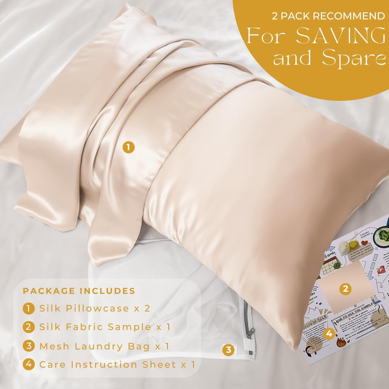 PROMEED 23 Momme Silk Pillowcase 2 Pack with Zipper, 3rd Gen Grade 6A+ 100% Mulberry Silk Pillow Case Set of 2, Cooling Pillow Cases for Hot Sleepers (Queen 20"x30", Champagne)