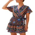 thumbnail image 2 of MesaSe Robe Bohème pour Femmes Motif Floral Manches Courtes Col en V Profond Design Taille Robe Courte Plissée Ample pour Vacances à la Plage, 2 of 6