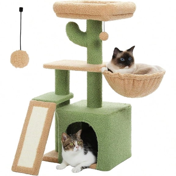 Cactus Cat Tree For Indoor Cats 32'' Small Cat Tower Cat Condo With Sisal Scratching Ramp Cozy Hammock And Removable Top Bed Perch For Kittens Green