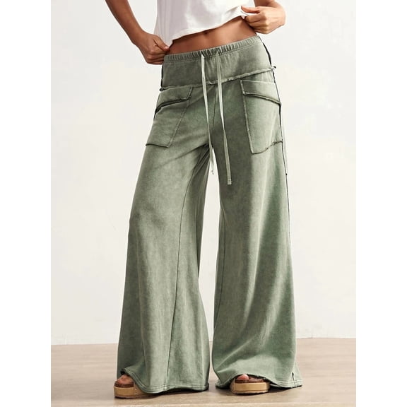 Women's Wide Leg Cargo Pants Drawstring Elastic Waist Loose Lounge Trousers