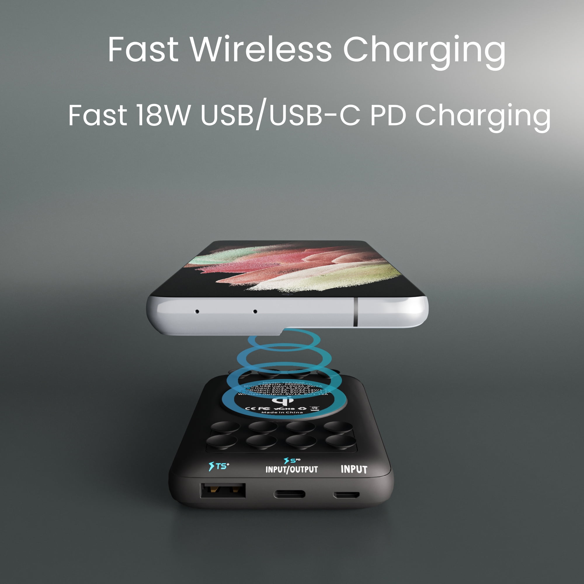 Techsmarter 10000mAh 18W USB-C PD Qi Wireless Power Bank Portable Charger with Anti-Slip Suction Cups. Compatible with iPhone, Samsung Galaxy, LG ThinQ, Droid, and More