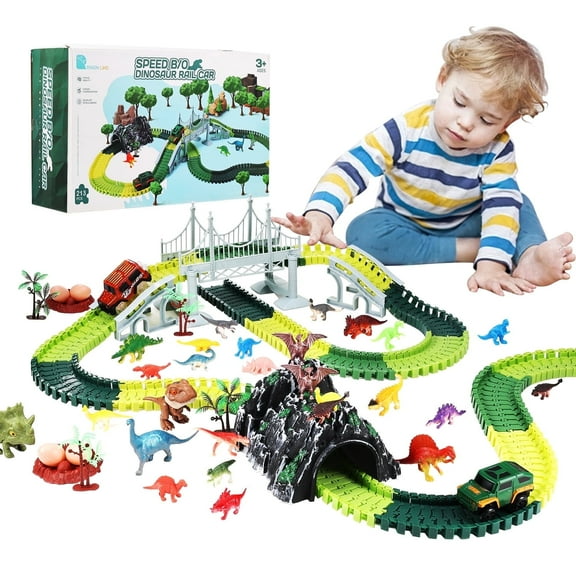Anpro Dinosaur Race Car Track Set for Boys, 240pcs Flexible Track Playset, Create a Dinosaur World Road Toys for Boys Age 3 