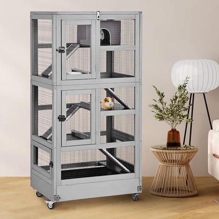 MEDEHOO Ferret Cage Large, 5-Level Chinchilla Cage with Anti-Chewing Aluminum Frame, 55.2” Rat Hutch with Easy-Clean Deep Tray, Lockable Wheels, for Indoor & Outdoor