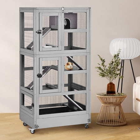 MEDEHOO Ferret Cage Large, 5-Level Chinchilla Cage with Anti-Chewing Aluminum Frame, 55.2” Rat Hutch with Easy-Clean Deep Tray, Lockable Wheels, for Indoor & Outdoor