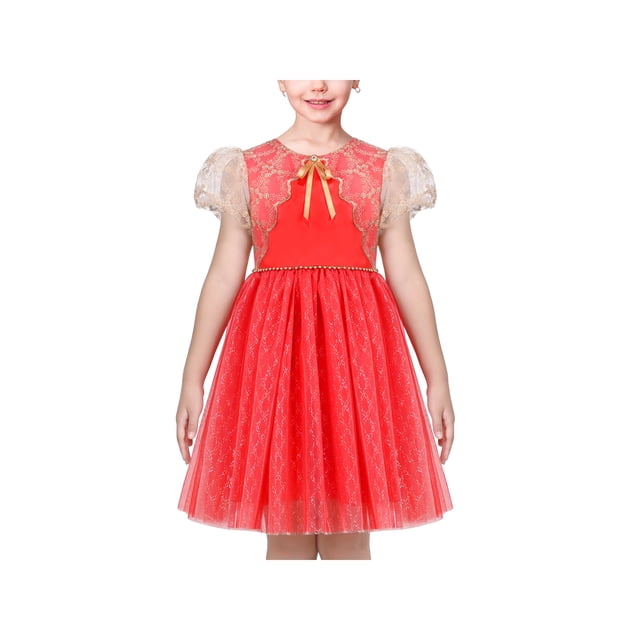 Girls Dress Red Sparkle Mesh Puff Wedding Princess Christmas Party 7 Years