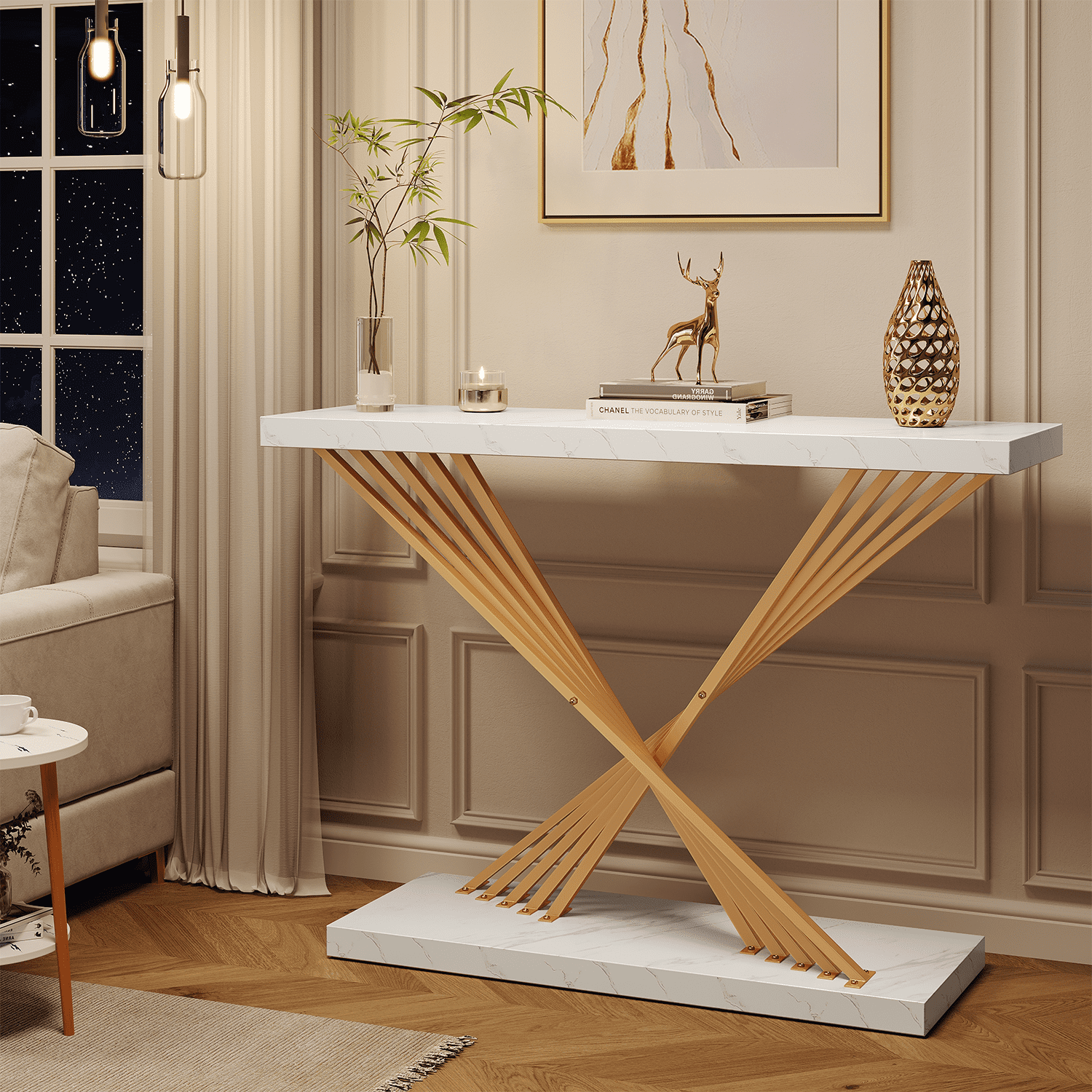 39.4 Inch Gold Console Table, White Faux Marble Modern Entryway Table Sofa Tables Behind The Couch for Entrance Hallway Living Room, X-Shape
