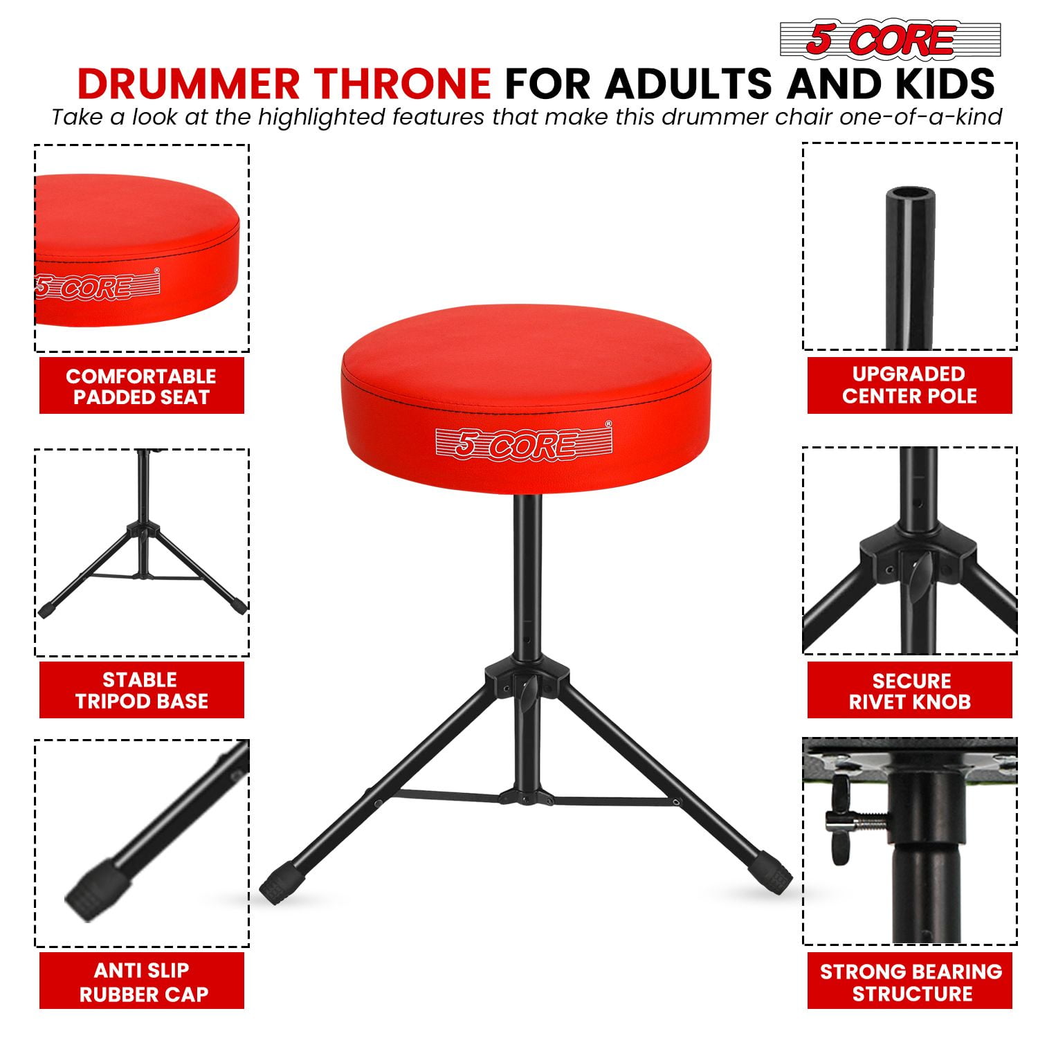 3” High-Density Sponge Drum Throne - Adjustable 17”-24” Musician Stool with Non-Slip Base, 330 lbs Capacity for Drummers & Guitarists