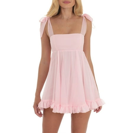 Juaugusep Women Y2k Tulle Mini Dress Sleeveless Floral Embroidered A-line Babydoll Dress Fairy Lace Bow Tie Sundress
