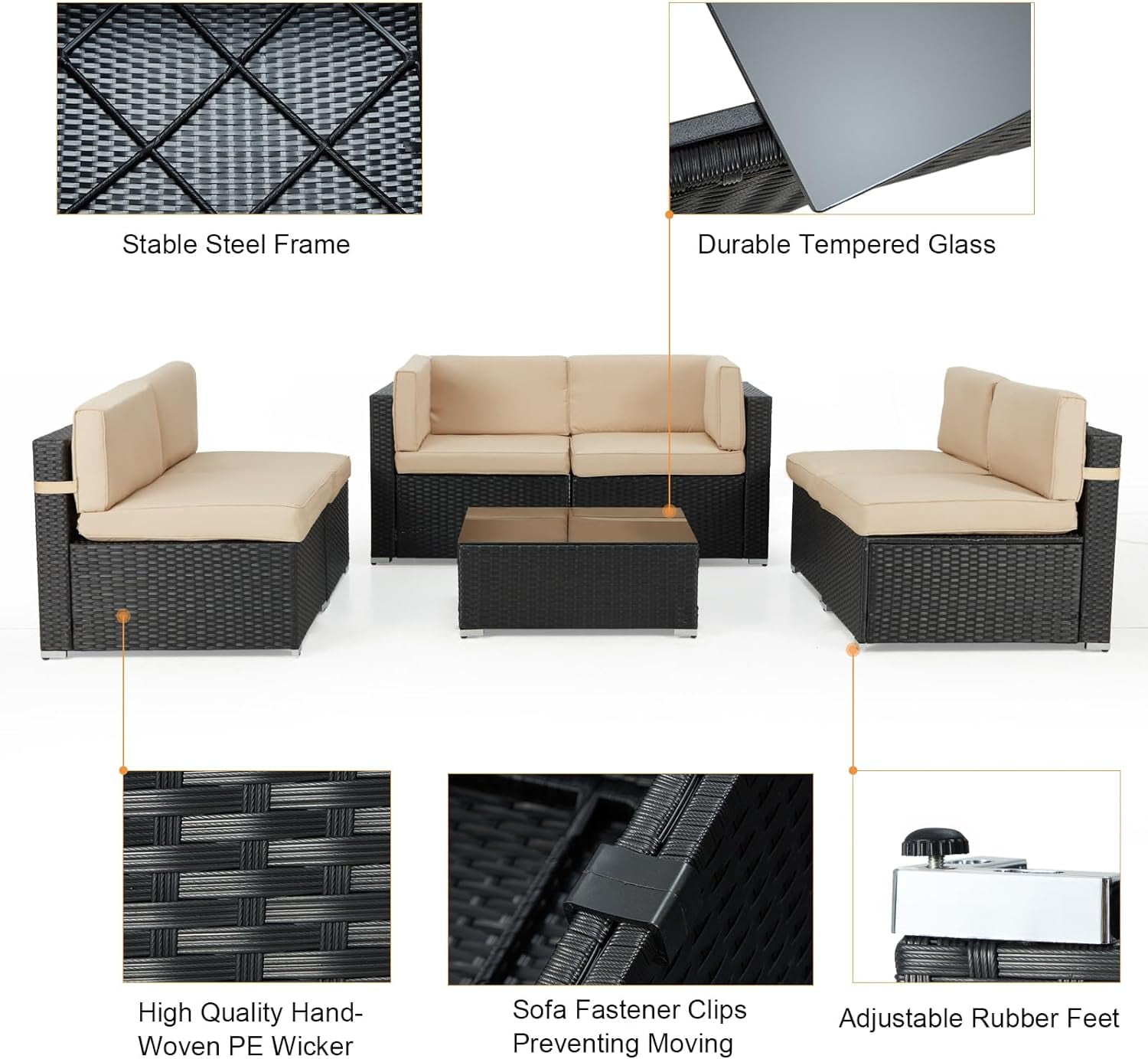 Danrelax 7-Piece Outdoor Sectional Sofa Patio Conversation Set, PE Rattan Wicker Furniture, Steel Frame, Brown w/ Black Rattan