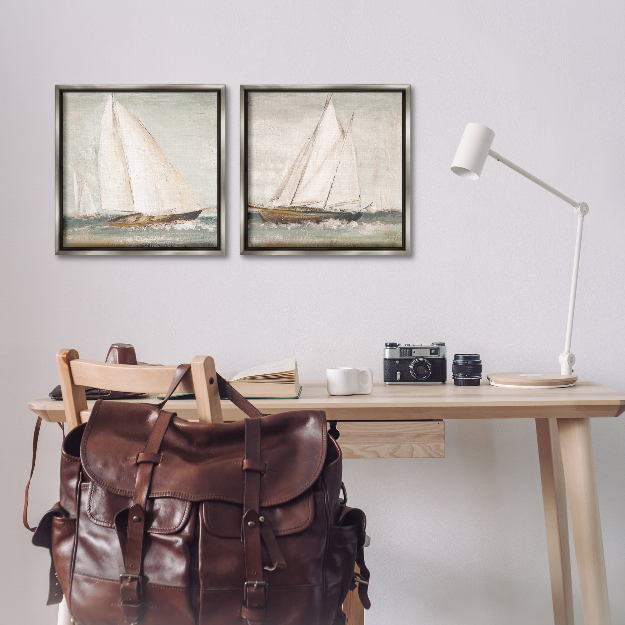Stupell Industries Tall Ships at Sea Nautical & Beach Painting Gray Floater Framed Canvas Art Print Wall Art, 18 x 18, Set of 2
