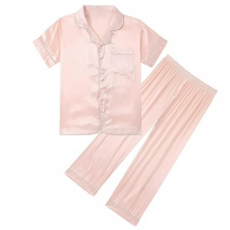 

Girls Boys Satin Pajama Set Silk Pjs Short Sleeve Kids 2 Piece Sleepwear Button-Down Nightwear Loungewear (5-14T)