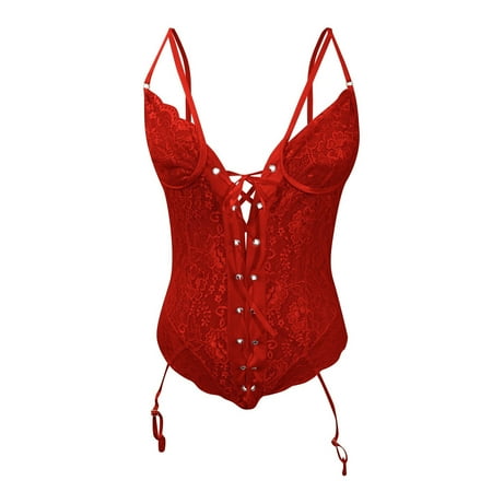 

〖CFXNMZGR〗Lingerie For Women Fashion Lace Up Front Floral Print Lace Garter Teddy Bodysuit Costumes Red Lace Lingerie