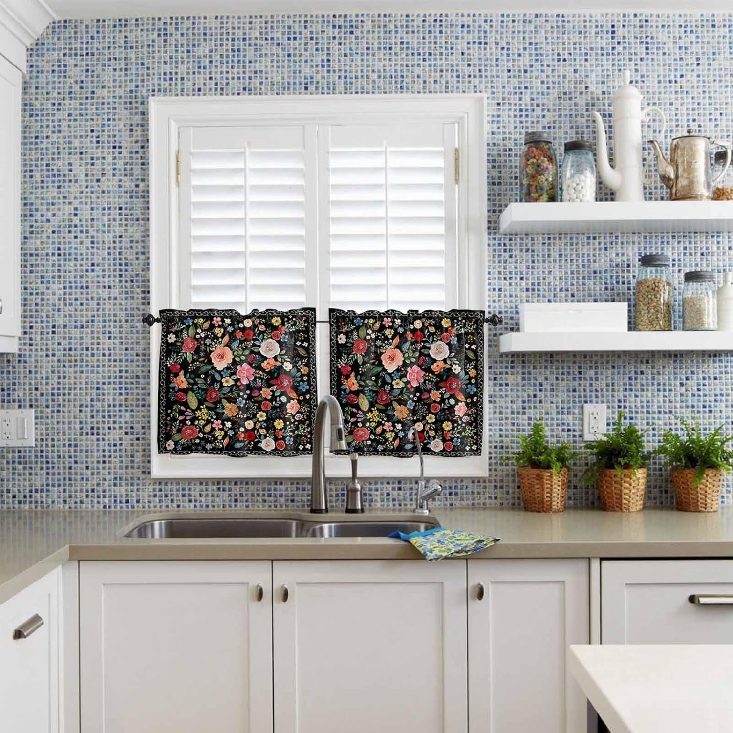 Colorful Flowers Kitchen Curtains and Valances Set, Rod Pocket Curtains Tier Farmhouse Window Curtains 36 Inch Length, Spring Summer Botanical Plants Rustic 3 Piece Kitchen Curtains Set