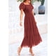 thumbnail image 3 of Vestido PRETTYGARDEN Midi de Tul con Fruncido y Mangas Abullonadas Rojo Ladrillo S, 3 of 7